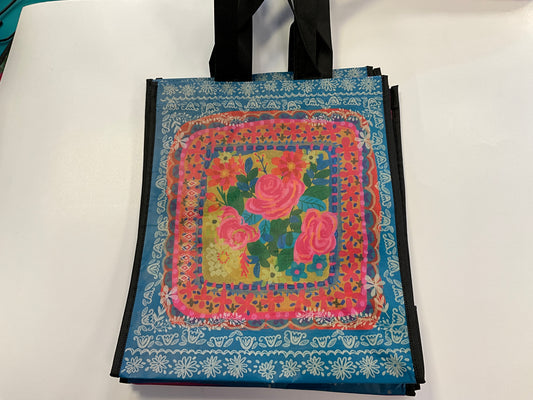 Nat Life Reusable Tote L Teal Flower Bouquet
