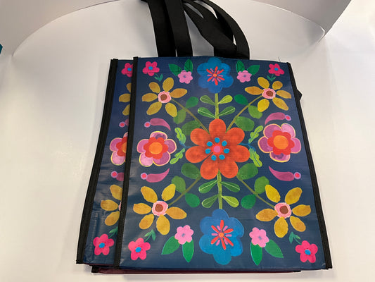 Nat Life Reusable Tote L Teal Folk Flower